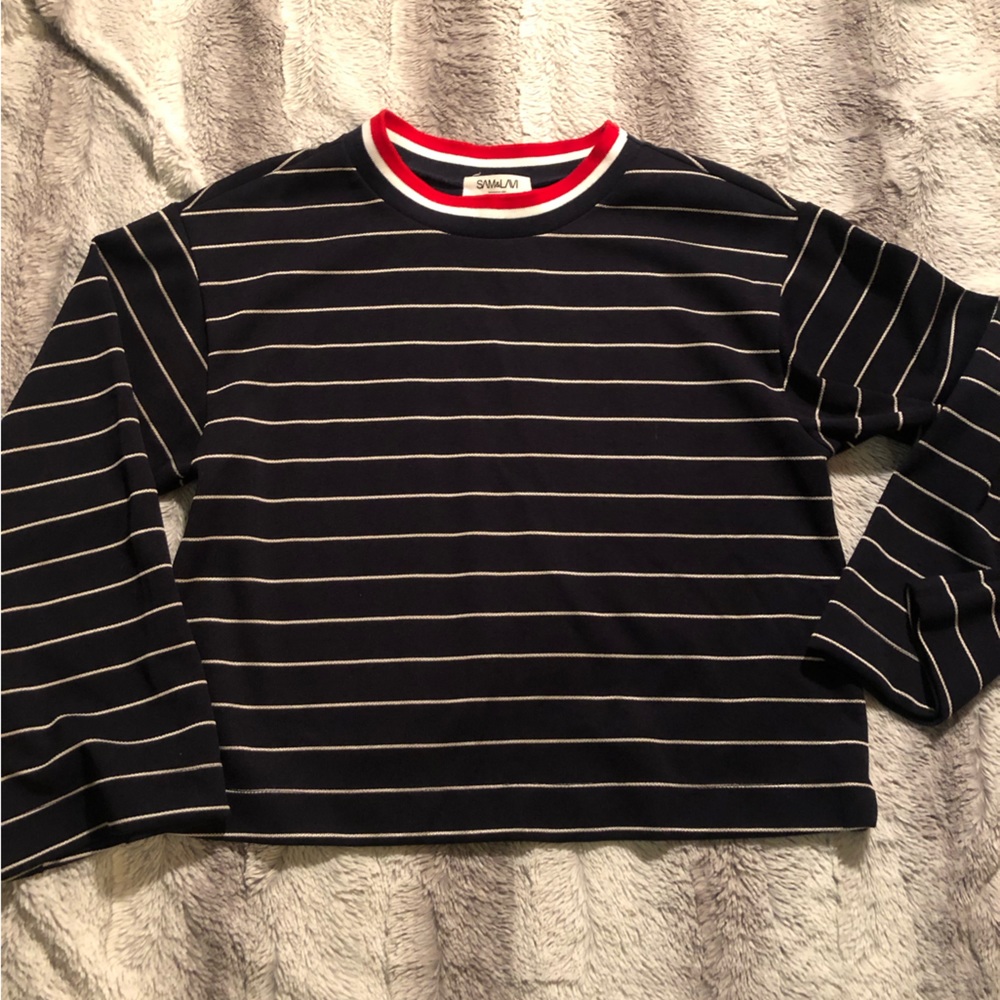 Sam & Lavi silver striped navy top with slight bell sleeves